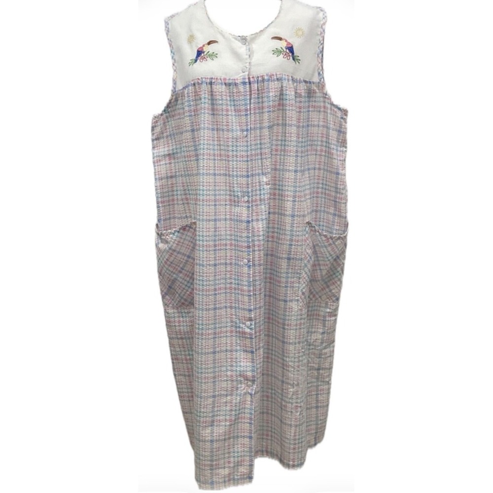 Vintage Sleeveless Nightgown Pink Blue Plaid Toucans Birds Floral Tropical XL